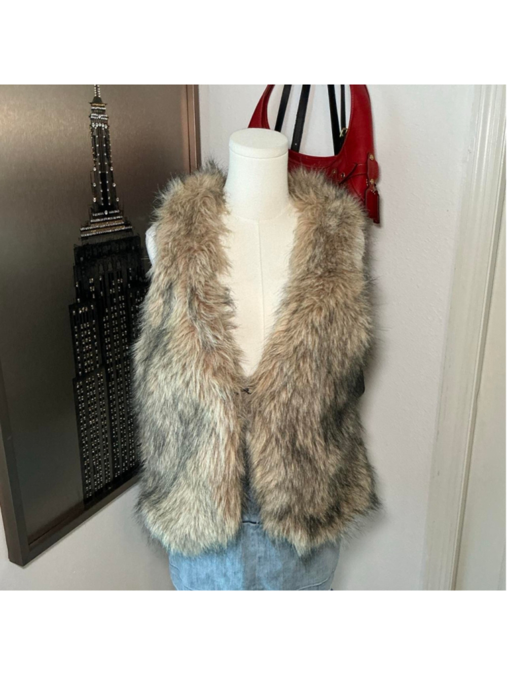 Material Girl Faux Fur Vest Brown Tan Size Medium Y2K